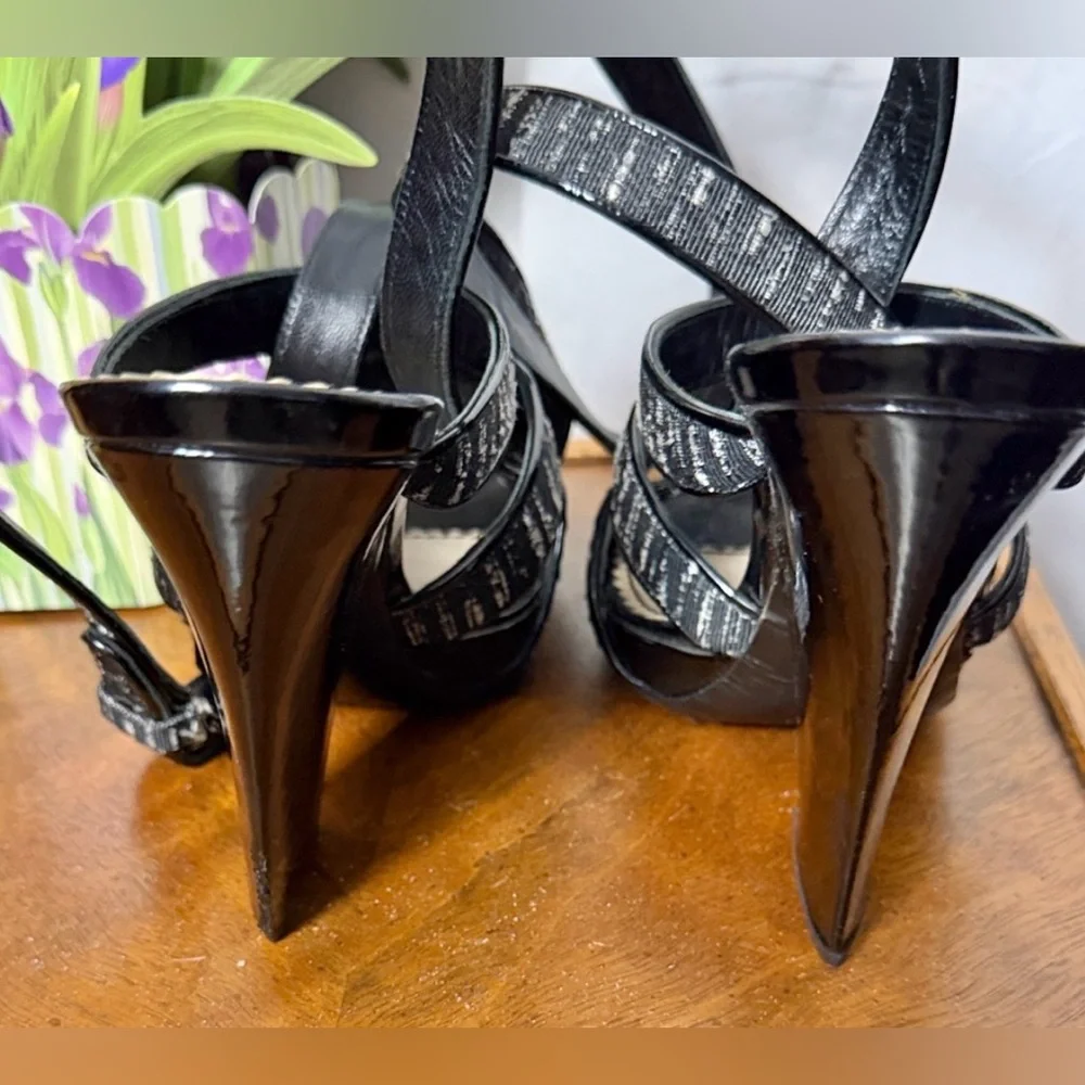 Saint Laurent Monochrome Buckle Ankle Wrap Wedge Heeled Sandals Size 37.5(7.5)